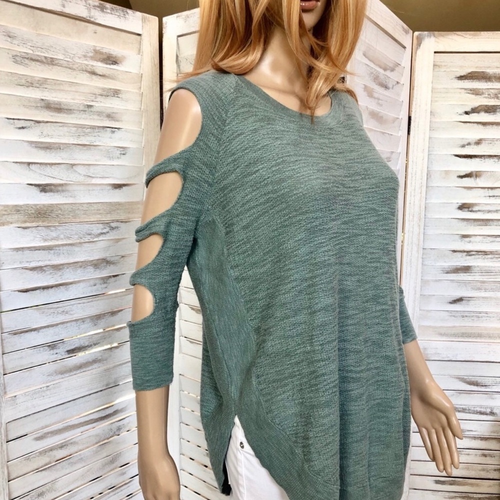 Express Pale Green Cold-Shoulder Tunic Sweater - Picture 3 of 8